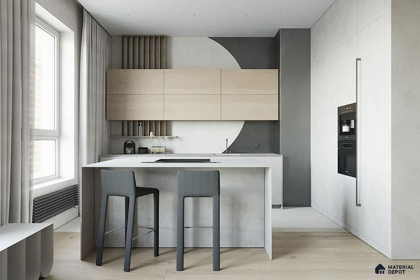 A kitchen with marble counter tops and stainless steel appliances on the wall, along with hanging lights hanging from the ceiling over the ceiling in front of a wooden counter top of a kitchen counter top space next to